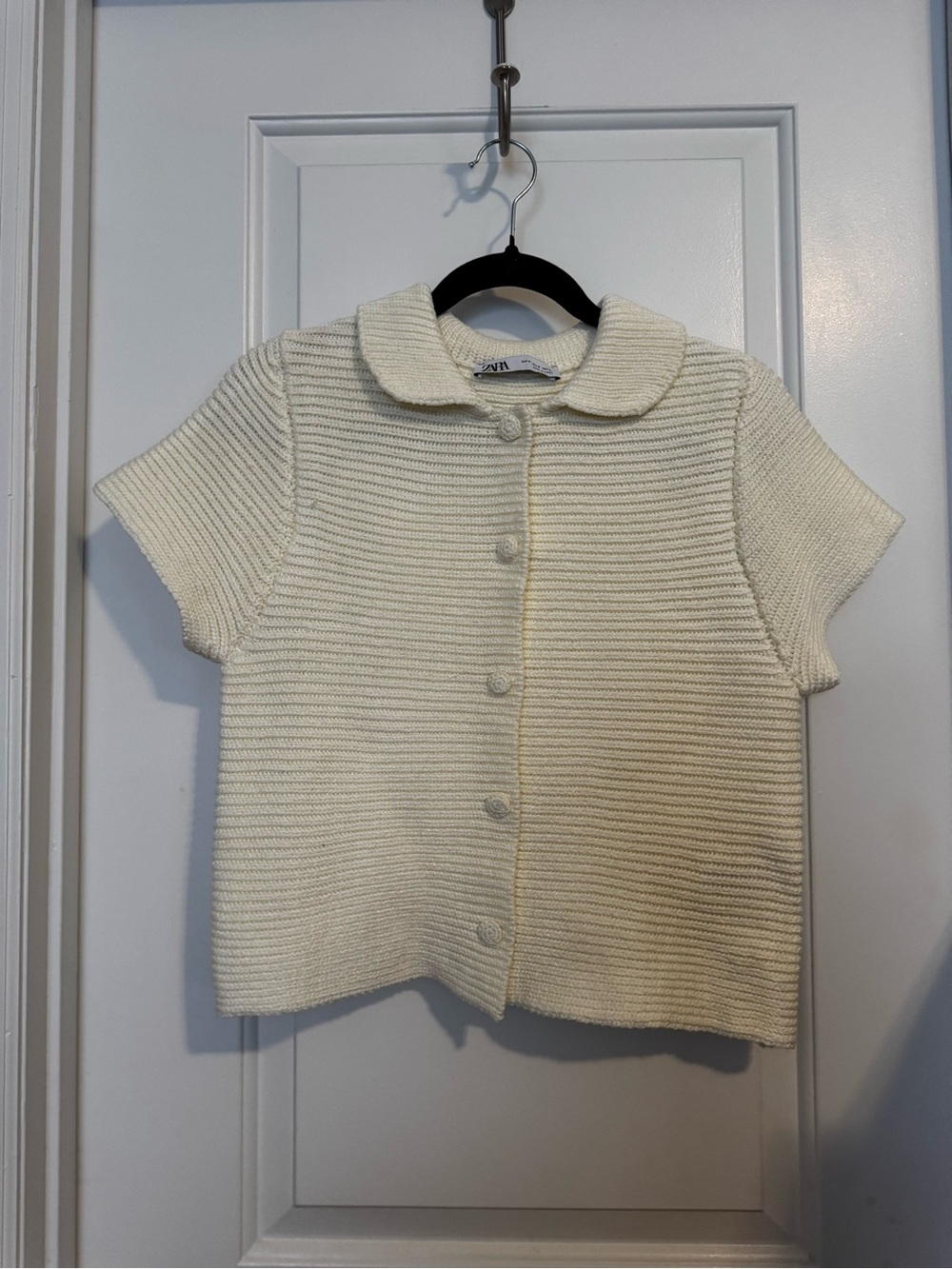 Zara Cream Short-Sleeve Knit Cardigan with Peter Pan Collar